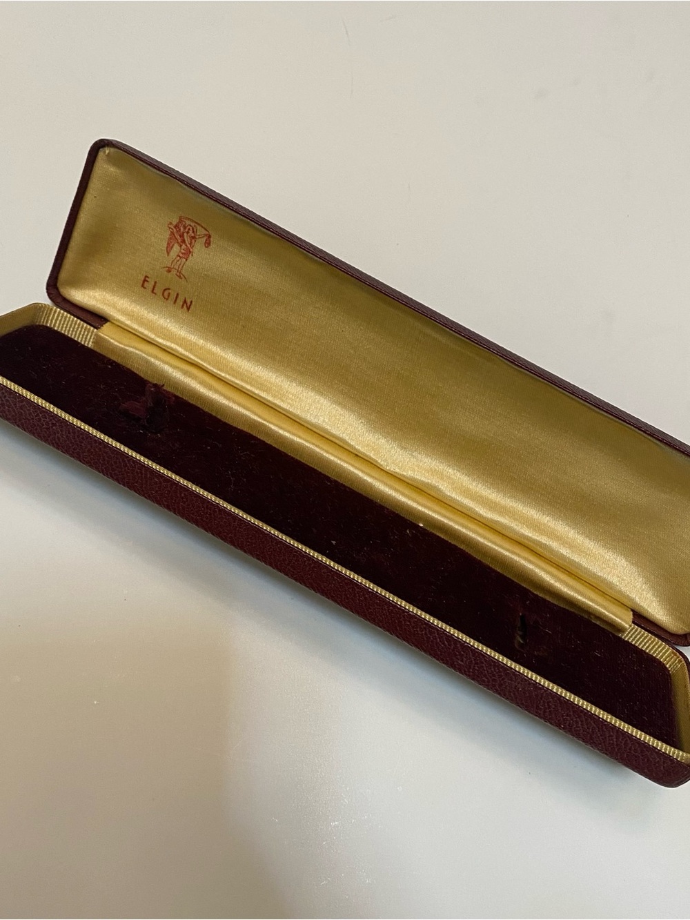 Vintage Elgin Watch Box – Maroon jewelry Case with Gold Satin & Velvet Interior